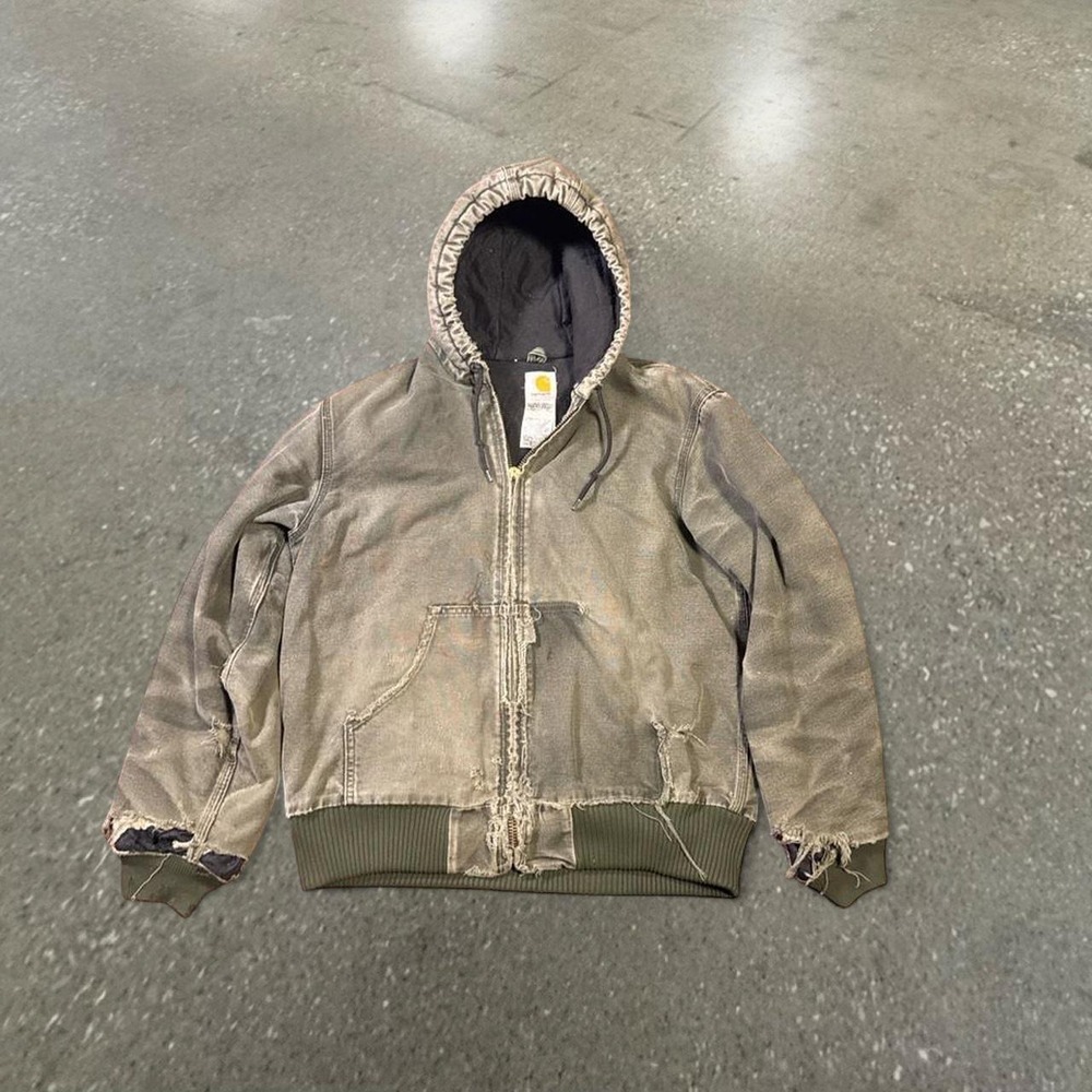 Vintage Carhartt J130 MOS Distressed Hooded Active Jacket Moss Green Mens Medium